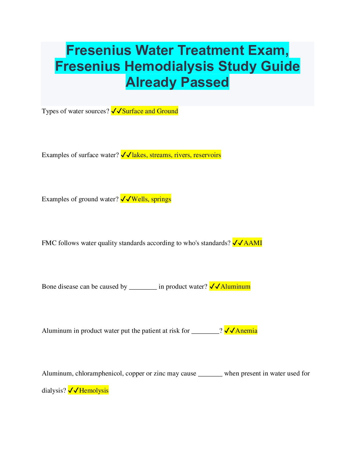 Fresenius Water Treatment Exam, Fresenius Hemodialysis Study Guide
